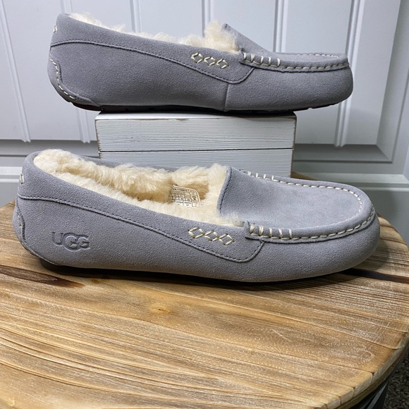 UGG Shoes - UGG Ansley Sheepskin Moccasin Slippers Light Gray Suede